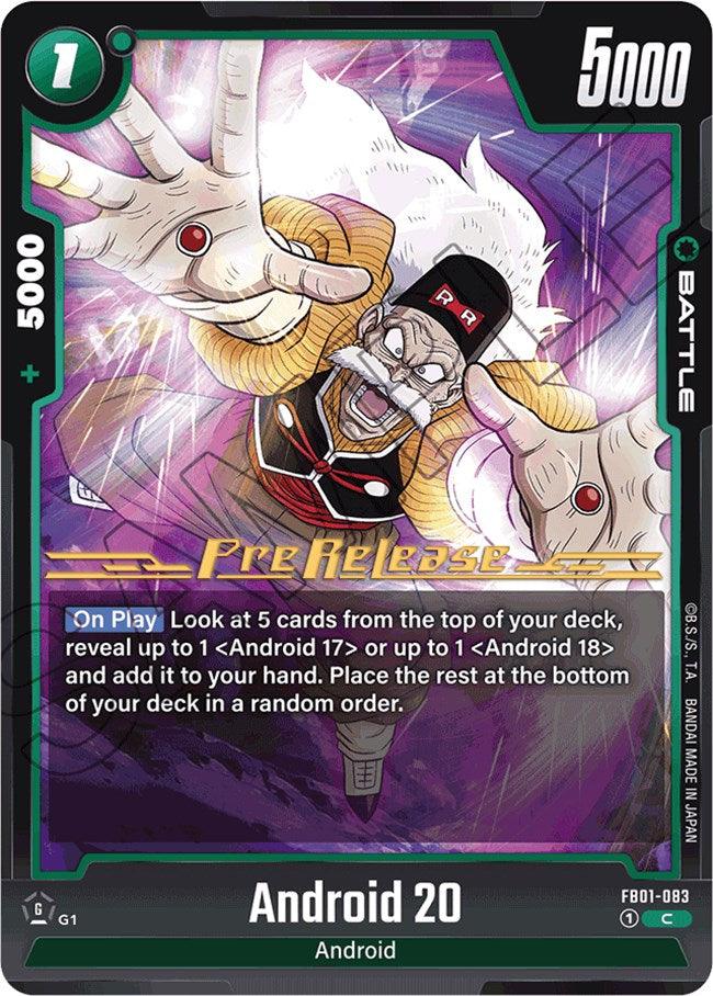 The Dragon Ball Super: Fusion World Pre-Release card titled "Android 20 (FB01-083) [Awakened Pulse Pre-Release Cards]" features an elderly man with white hair, yellow goggles, and a red hat shooting energy from his palms. With a power level of 5000, the card's text describes its abilities during play. It has a black, green, and purple border.