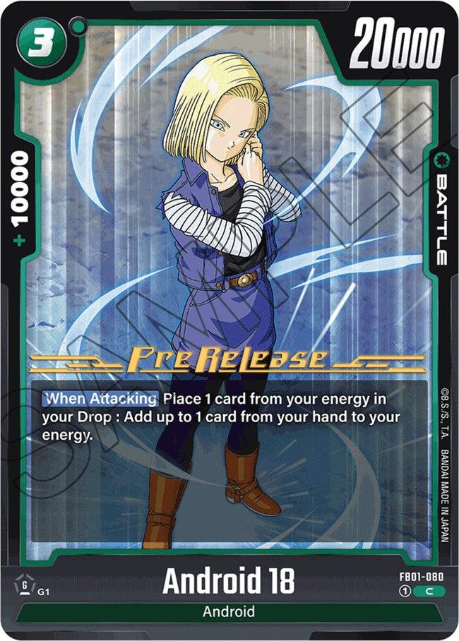 The trading card "Android 18 (FB01-080)" from the Dragon Ball Super: Fusion World, Awakened Pulse Pre-Release Cards set, features a blonde-haired female android in blue attire with her arms crossed and a stern expression. The card boasts 20,000 battle power, +10,000 combo power, and includes the text "When Attacking: Place 1 card from your energy in your Drop.