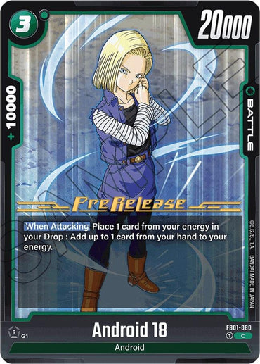 The trading card "Android 18 (FB01-080)" from the Dragon Ball Super: Fusion World, Awakened Pulse Pre-Release Cards set, features a blonde-haired female android in blue attire with her arms crossed and a stern expression. The card boasts 20,000 battle power, +10,000 combo power, and includes the text "When Attacking: Place 1 card from your energy in your Drop.