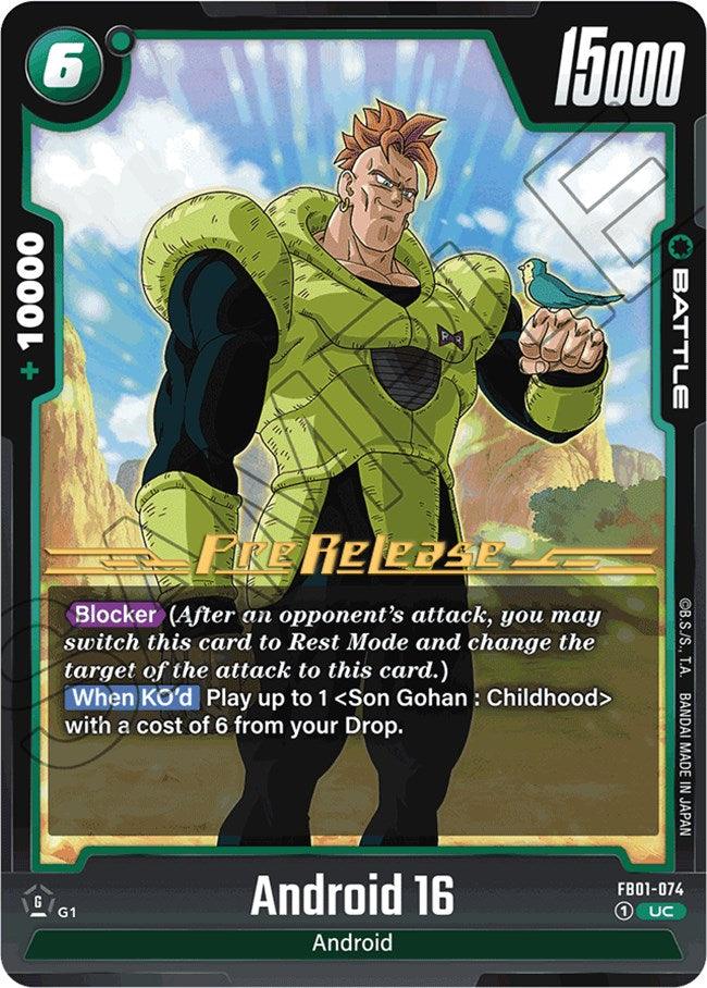 This Dragon Ball Super: Fusion World Awakened Pulse Pre-Release card, Android 16 (FB01-074), showcases Android 16 in green armor, raising his right arm against a backdrop of mountains and clear skies. With 15000 Power and +10000 Combo Power, this uncommon rarity card boasts 