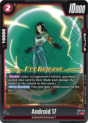 The "Dragon Ball Super: Fusion World" trading card, Android 17 (FB01-013) [Awakened Pulse Pre-Release Cards], showcases Android 17 standing at the center in a green shirt with "MIR" written on it, jeans, and gloves. He is set against a swirling green background. The Battle Card features power stats of 10000 and special abilities, with the "Pre Release" text prominently displayed across the middle.