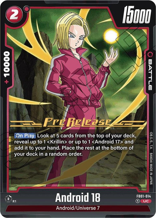 A colorful trading card featuring "Android 18" from Dragon Ball Super: Fusion World. "Android 18" is illustrated in a red tracksuit, standing confidently and holding a green orb of energy, showcasing her Awakened Pulse. The card includes stats like 15000 power and abilities, with Android 18 (FB01-014) [Awakened Pulse Pre-Release Cards] text prominently displayed.