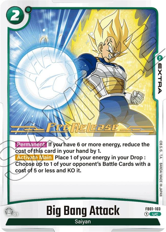 The trading card named "Big Bang Attack [Awakened Pulse Pre-Release Cards]" from the Dragon Ball Super: Fusion World brand features a powerful Saiyan in a dynamic fighting stance, emanating glowing energy. It has two noteworthy abilities: one that reduces its cost if you have 6 or more energy, and another that allows you to place 1 energy in your Drop Zone to destroy an opponent’s card. This card is highly sought after among the Pre-Release Cards.