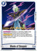 A playing card titled "Blade of Despair [Awakened Pulse Pre-Release Cards]" from Dragon Ball Super: Fusion World features a green-skinned character resembling Zamasu, with white hair, pointed ears, and a dark purple outfit. Categorized as "Extra" and labeled "Supreme Kai," the background depicts a cosmic scene with purple energy waves. Text and stats are neatly displayed on the card.
