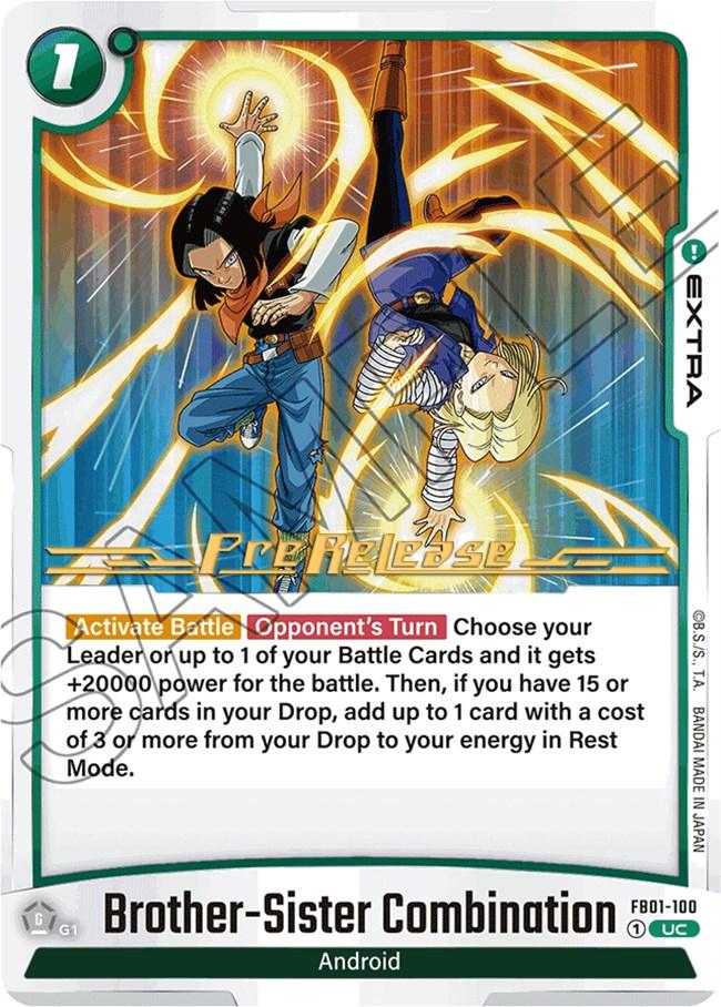 The "Brother-Sister Combination [Awakened Pulse Pre-Release Cards]" from Dragon Ball Super: Fusion World showcases a male and female android in dynamic fighting poses. This Extra Card, with a 7-point energy cost, is adorned with various symbols and text outlining their abilities and game mechanics. Distinctive visual elements and a light green border enhance its overall aesthetic appeal.