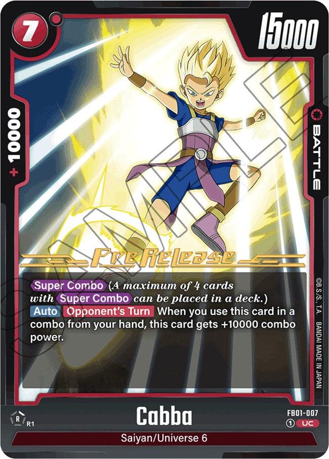 The Cabba [Awakened Pulse Pre-Release Card] from Dragon Ball Super: Fusion World showcases Cabba, a Saiyan from Universe 6 with blond hair in a battle uniform, charging energy. This trading card boasts a power level of 15,000 and offers an additional +10,000 combo power. The card is marked PRERELEASE and requires 7 energy to use.