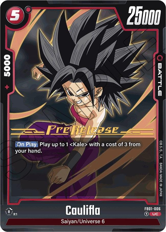 A Dragon Ball Super: Fusion World trading card from the Awakened Pulse Pre-Release Cards series features Caulifla with a power level of 25000, an energy cost of 5, and a combo power of +5000. She stands in a fighting stance with her spiky black hair. The text reads, “On Play: Play up to 1 'Kale' with a cost of 3 from your hand.”