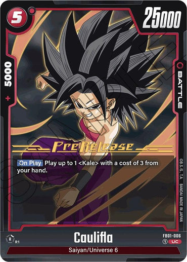 A Dragon Ball Super: Fusion World trading card from the Awakened Pulse Pre-Release Cards series features Caulifla with a power level of 25000, an energy cost of 5, and a combo power of +5000. She stands in a fighting stance with her spiky black hair. The text reads, “On Play: Play up to 1 'Kale' with a cost of 3 from your hand.”