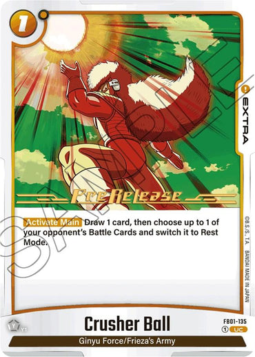 A Dragon Ball Super: Fusion World trading card titled "Crusher Ball [Awakened Pulse Pre-Release Cards]," featuring an image of a character in a dynamic pose, throwing a glowing orange ball. This uncommon card is marked as "Awakened Pulse Pre-Release" with shimmering gold text and has "EXTRA" in the top right. Instructions are displayed in a yellow box.