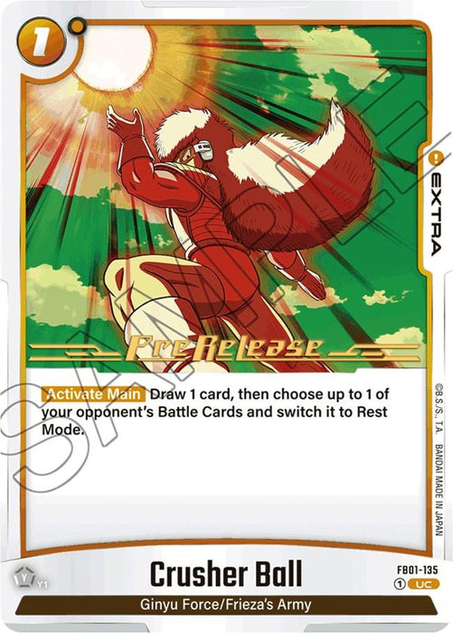 A Dragon Ball Super: Fusion World trading card titled "Crusher Ball [Awakened Pulse Pre-Release Cards]," featuring an image of a character in a dynamic pose, throwing a glowing orange ball. This uncommon card is marked as "Awakened Pulse Pre-Release" with shimmering gold text and has "EXTRA" in the top right. Instructions are displayed in a yellow box.