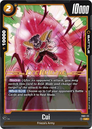 The trading card "Cui [Awakened Pulse Pre-Release Cards]" from the Dragon Ball Super: Fusion World collection showcases an action image of Cui mid-flight against a purple energy burst backdrop. This Uncommon Rarity card features 10,000 power, a 2 energy cost, and abilities such as "Blocker" and "When KO'd.