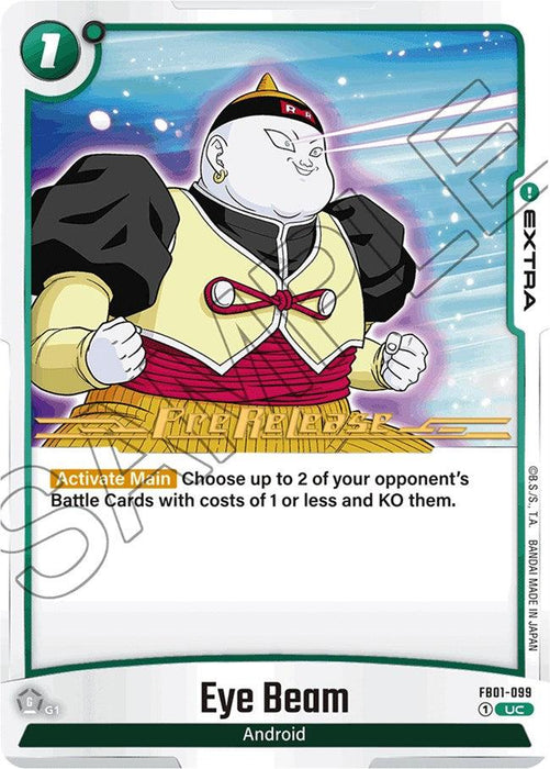 A trading card titled "Eye Beam [Awakened Pulse Pre-Release Cards]" from Dragon Ball Super: Fusion World, one of the exclusive Pre-Release Cards, features an anime-style android character in a striking pose emitting energy beams from its eyes. The card's description reads, "Activate Main: Choose up to 2 of your opponent's Battle Cards with costs of 1 or less and KO them.
