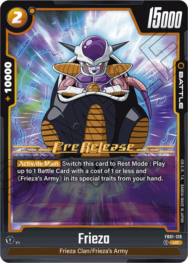 The image is of a Dragon Ball Super: Fusion World trading card featuring the character Frieza (FB01-128) [Awakened Pulse Pre-Release Cards]. With a power level of 15,000 and the 