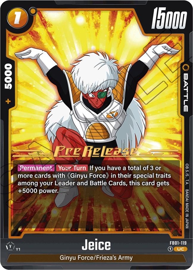 This Jeice [Awakened Pulse Pre-Release Cards] trading card from the Dragon Ball Super: Fusion World series features Jeice with his iconic white hair, red suit, and white shoulder pad. Boasting 15,000 power and a 5,000 boost power, the card's text reads: 