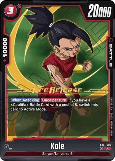 A Dragon Ball Super: Fusion World card depicts Kale [Awakened Pulse Pre-Release Cards] from Saiyan/Universe 6, part of the Dragon Ball franchise. She stands in a combat pose with clenched fists and her black hair in pigtails. The card has a 20,000 power rating, 3 energy cost, and an Awakened Pulse ability when attacking that activates under certain conditions.