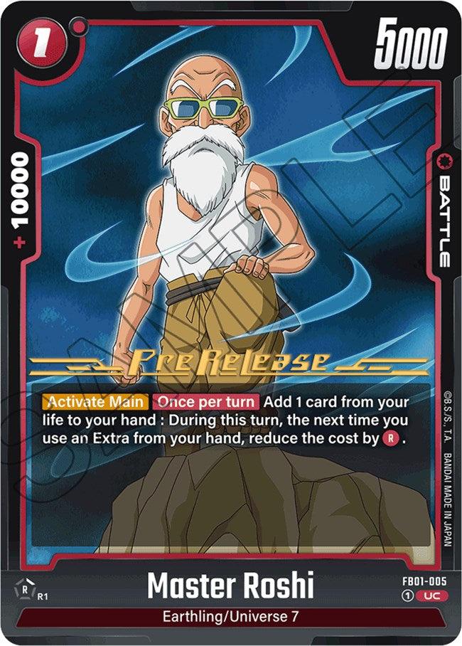 This Master Roshi [Awakened Pulse Pre-Release Cards] from the Dragon Ball Super: Fusion World series showcases Master Roshi with his iconic sunglasses and white beard, standing with one hand in his pocket. The card features 5000 power and abilities such as adding cards to your hand.