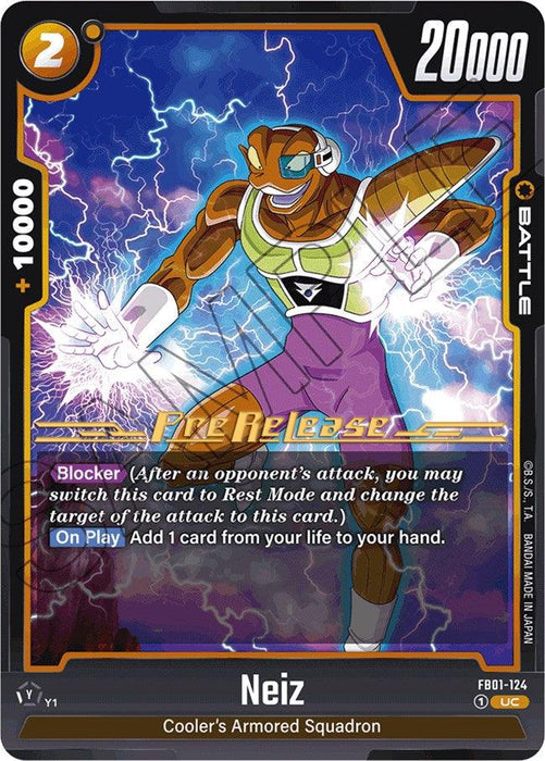 A Dragon Ball Super: Fusion World trading card featuring Neiz [Awakened Pulse Pre-Release Cards], an uncommon rarity Battle Card. Neiz, a muscular humanoid alien in purple armor and helmet, emanates electric energy from his hands. Stats: 20,000 power and +10,000 combo power with Blocker and On Play abilities.