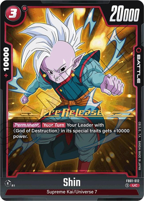 A Dragon Ball Super: Fusion World trading card featuring Shin, a character with white hair and purple skin, in a fighting stance with a glowing yellow background. Text: "Shin [Awakened Pulse Pre-Release Cards], Supreme Kai/Universe 7" with 20000 power and +10000 bonus. The Awakened Pulse Pre-Release Battle Card includes: "Permanent: Your Leader with {God of Destruction} in its special traits.