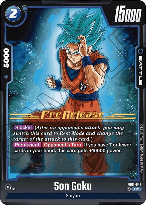 A trading card from Dragon Ball Super: Fusion World features "Son Goku (FB01-047) [Awakened Pulse Pre-Release Cards]" in Super Saiyan Blue form, highlighting stats like a power level of 15000, a cost of 2, and a combo power of 5000. With abilities such as Blocker and Permanent (Opponent's Turn), this Battle card prominently displays the title "Awakened Pulse Pre-Release Cards.