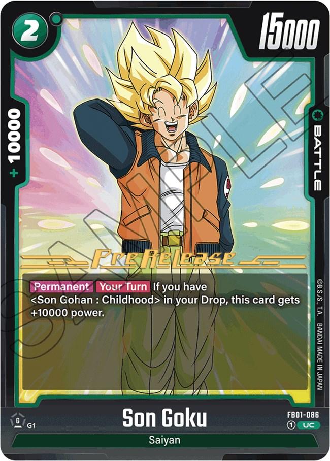 An Uncommon Dragon Ball Super trading card from the Fusion World collection featuring Son Goku (FB01-086) [Awakened Pulse Pre-Release Cards]. The card showcases a vibrant, dynamic design with Goku in his Super Saiyan form, smiling and dressed in his signature orange gi with a blue undershirt. It boasts a power level of 15000 and includes detailed game text outlining its special abilities for gameplay.