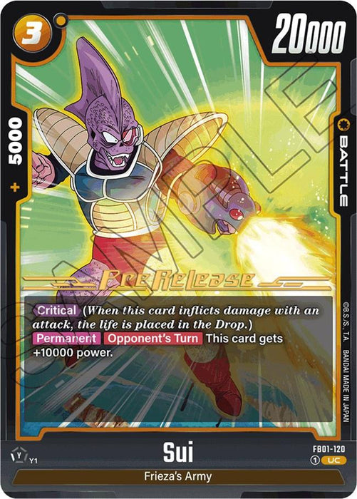 A trading card features Sui from Frieza's Army in action, with a dramatic fiery explosion in the background. The pre-release card details include the number 20000 and attributes "Battle" and "+5000". Text descriptions highlight Sui's abilities such as Critical, power boosts, and Awakened Pulse. This is part of the Dragon Ball Super: Fusion World series and is titled Sui [Awakened Pulse Pre-Release Cards].