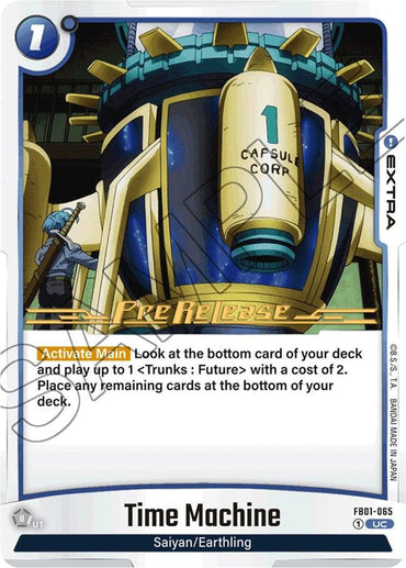 A trading card titled "Time Machine [Awakened Pulse Pre-Release Cards]" features a futuristic device labeled "1 Capsule Corp" and "Pre-Release." The game text reads: "Activate Main: Look at the bottom card of your deck and play up to 1 <Trunks: Future> with a cost of 2. Place any remaining cards at the bottom." Card ID is "FB01-065," from the brand Dragon Ball Super: Fusion World.