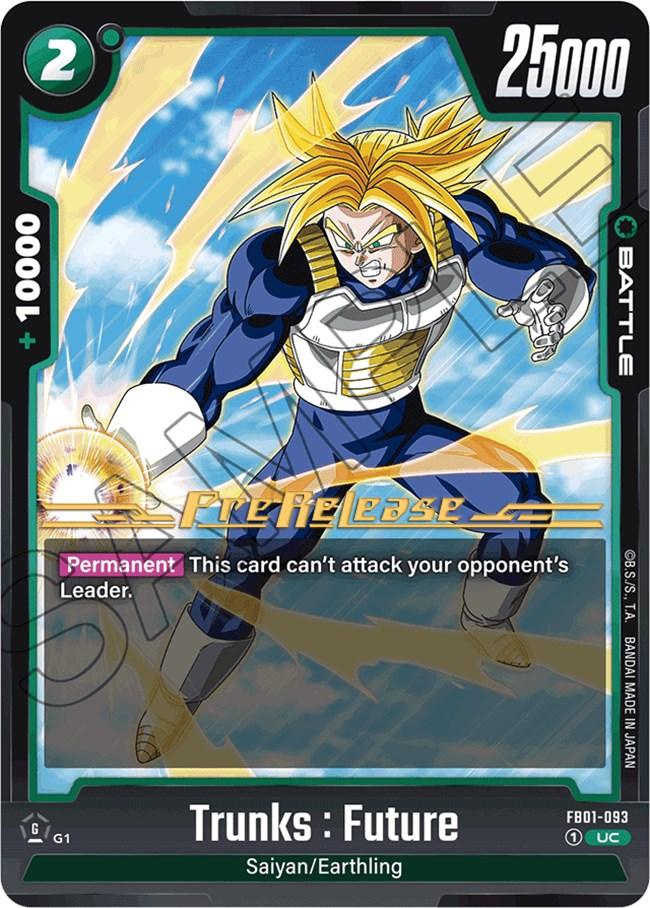 A Dragon Ball Super: Fusion World TCG card featuring Trunks: Future (FB01-093) [Awakened Pulse Pre-Release Cards]. Trunks has long blonde hair, a blue armor suit with white and gold accents, and clenched fists. The card details show Power: 25000, Energy Cost: 2, and specifies it cannot attack the opponent's Leader. Awakened Pulse Card number FB01-093 is displayed.