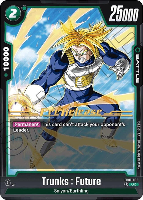 A Dragon Ball Super: Fusion World TCG card featuring Trunks: Future (FB01-093) [Awakened Pulse Pre-Release Cards]. Trunks has long blonde hair, a blue armor suit with white and gold accents, and clenched fists. The card details show Power: 25000, Energy Cost: 2, and specifies it cannot attack the opponent's Leader. Awakened Pulse Card number FB01-093 is displayed.
