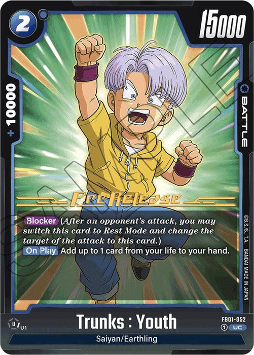 A trading card featuring "Trunks : Youth [Awakened Pulse Pre-Release Cards]" with a power level of 15000. Trunks has lavender hair and wears a yellow hoodie. The Battle Card boasts abilities such as "Blocker" and "On Play," with the brand name "Dragon Ball Super: Fusion World" prominently displayed across the middle. This card is numbered FB01-052.