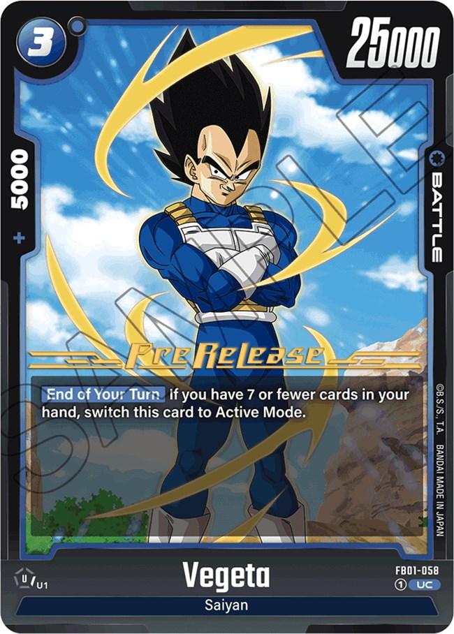 A Dragon Ball Super: Fusion World - Awakened Pulse Pre-Release trading card featuring Vegeta (FB01-058). Vegeta stands confidently with arms crossed, surrounded by golden energy swirls. The Battle Card boasts a power of 25000, requires 3 energy to play, and has a combo power of 5000. The card text reads: 