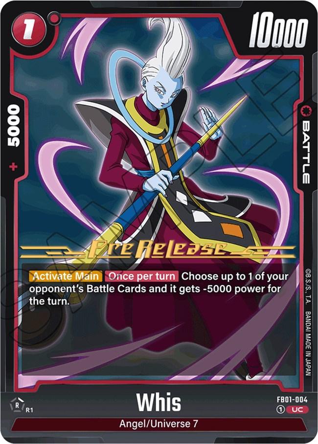 A trading card from Dragon Ball Super: Fusion World, specifically the Whis [Awakened Pulse Pre-Release Cards], featuring Whis, a character with light blue skin and white hair styled in a high crest. He is depicted wearing a red and black outfit with white and gold accents. The card displays 