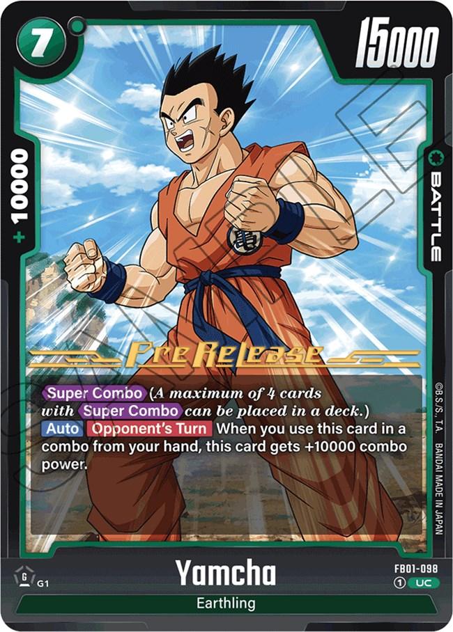 Introducing the Yamcha [Awakened Pulse Pre-Release Card] from Dragon Ball Super: Fusion World! This dynamic trading card showcases Yamcha in a fierce fighting pose, boasting 15,000 power and +10,000 combo power. Featuring an 