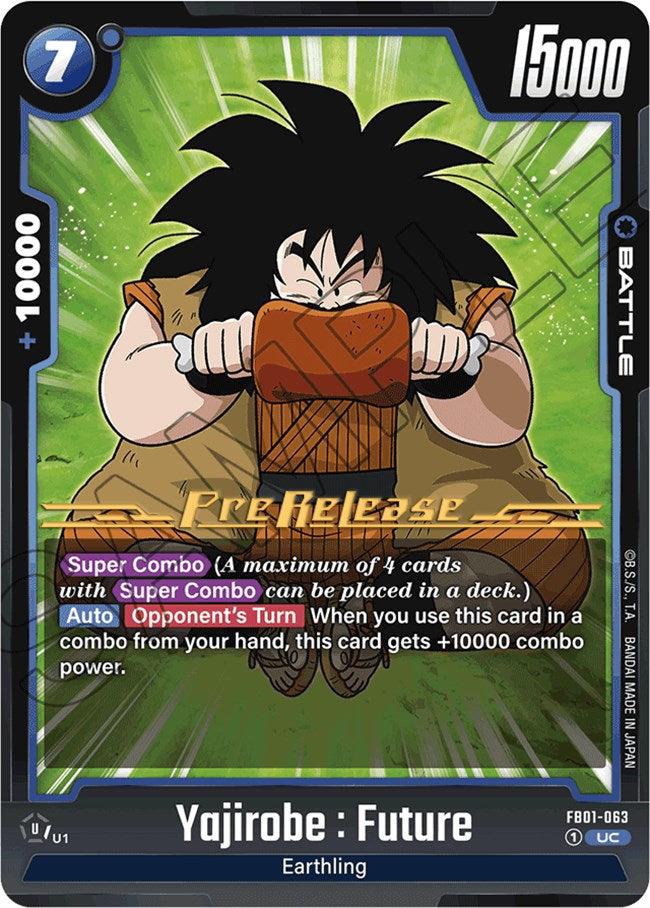 Introducing the Yojirobe: Future [Awakened Pulse Pre-Release Cards] from Dragon Ball Super: Fusion World. This trading card showcases Yajirobe enjoying a large meat stick and features an impressive power level of 15,000 with a +10,000 combo bonus. The card is marked with 