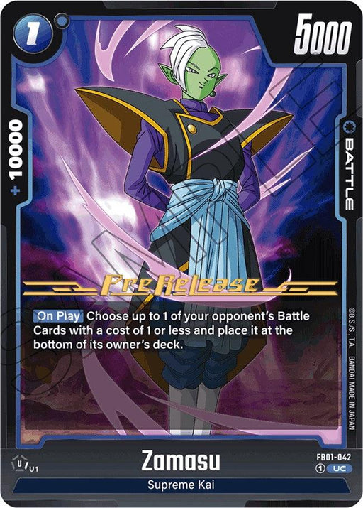 This "Dragon Ball Super: Fusion World" Awakened Pulse Pre-Release trading card features Zamasu. The black-bordered Battle Card boasts a power level of 5000, with blue energy and an ability to target an opponent's card. Zamasu is illustrated in green, with white hair and adorned in purple attire.

For more details visit: [Awakened Pulse Pre-Release Cards] Zamasu (FB01-042).