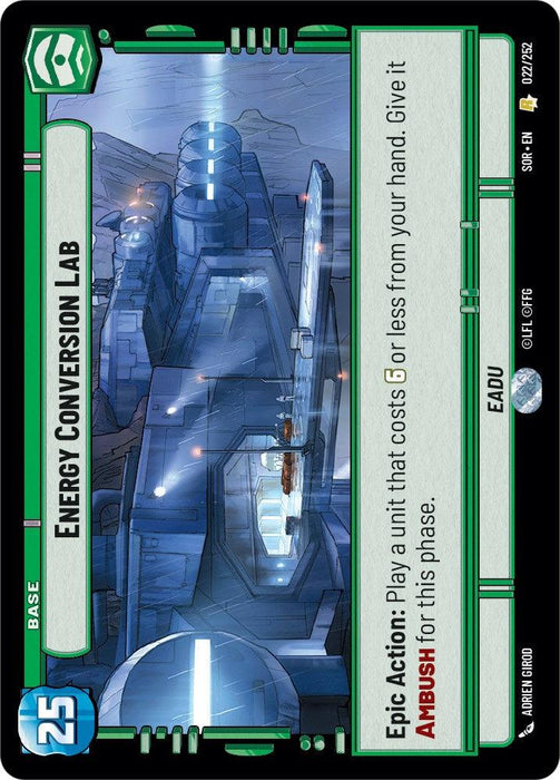 A rare card from a game, "Energy Conversion Lab (022/252) [Spark of Rebellion]," by Fantasy Flight Games shows a green gem symbol on the top left. The card features a futuristic lab with a large machine emitting blue light. The text provides an Epic Action to play a unit costing 5 or less. Card stats include 25 health on the bottom left.
