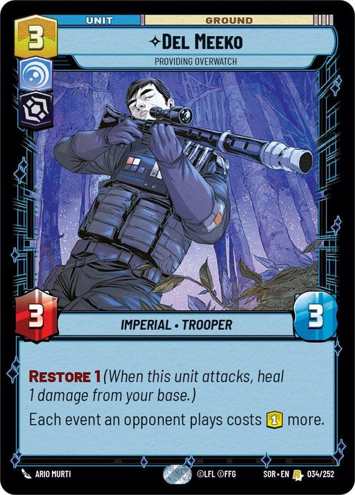 This rare card from the game features "Del Meeko - Providing Overwatch (034/252) [Spark of Rebellion]," an Imperial Trooper, aiming a sniper rifle against a blue-tinted background. With a cost of 3, attack power of 3, and health of 3, Del Meeko's special abilities include "Restore 1" and increasing the opponent's event cost by 1. This thrilling card is produced by Fantasy Flight Games.