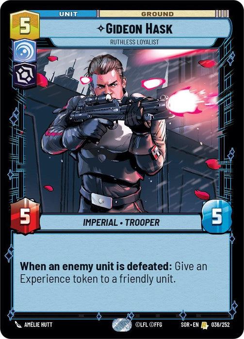 Image of a trading card featuring Gideon Hask - Ruthless Loyalist (036/252) [Spark of Rebellion] from Fantasy Flight Games. The stern-looking male trooper in black armor is aiming a blaster amidst red laser blasts and debris. Card details: cost (5), attack (5), health (5). Ability: "When an enemy unit is defeated: Give an Experience token to a friendly unit." Artist: