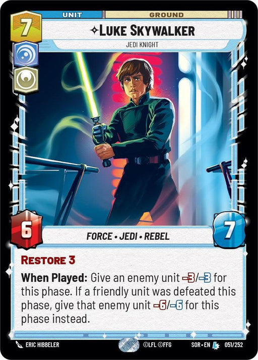 A digital trading card featuring "Luke Skywalker, Jedi Knight" from the Star Wars universe. The card includes an illustration of Luke holding a lit green lightsaber, embodying the Spark of Rebellion. Stats at the bottom show power 6, health 7, and a cost of 7. Text includes his abilities and special effects in gameplay.

Luke Skywalker - Jedi Knight (051/252) [Spark of Rebellion] by Fantasy Flight Games