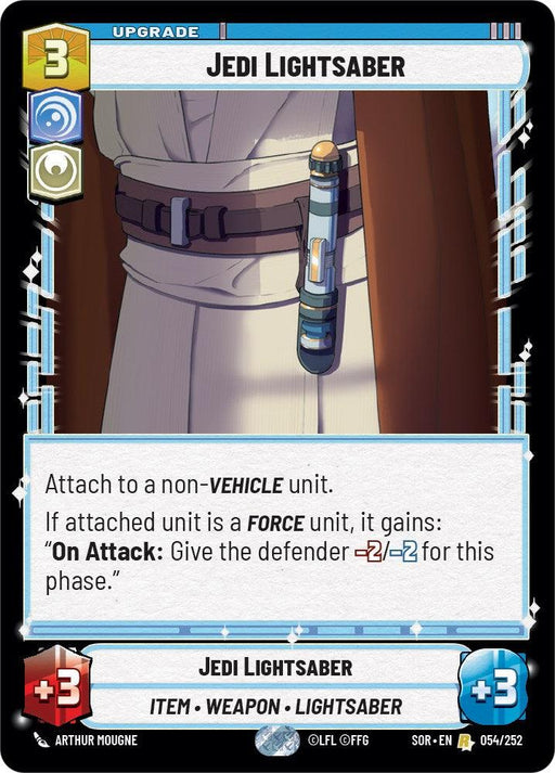 A rare game card titled "Jedi Lightsaber (054/252) [Spark of Rebellion]" from the Spark of Rebellion set by Fantasy Flight Games. The card features an illustration of a person's waist with a lightsaber hilt attached to a belt. It provides a +3 upgrade to any non-vehicle unit, and if the unit is a force unit, it gains a special ability during an attack.