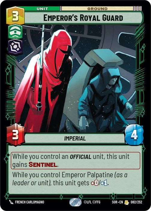 A rare card featuring Emperor's Royal Guard (082/252) [Spark of Rebellion] from Fantasy Flight Games depicts two guards in red and blue attire wielding weapons. Stats include 3 offense and 4 defense, with abilities: gain SENTINEL and +0 offense/+1 defense when Emperor Palpatine is present.