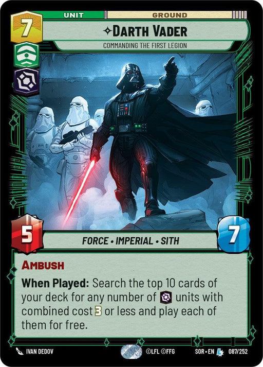 A legendary digital card features Darth Vader leading stormtroopers with red and blue lightsabers. The card's details include:
- Cost: 7
- Power: 5
- Health: 7
- Abilities: Ambush, Force, Imperial, Sith
- Effect: Search top 10 cards of the deck for units costing 3 or less and play them free.

Product Name: Darth Vader - Commanding the First Legion (087/252) [Spark of Rebellion]
Brand Name: Fantasy Flight Games