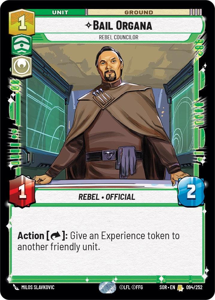 A trading card featuring an illustration of Bail Organa standing with arms slightly spread. He is wearing a brown outfit with a smock. As a Rebel Councilor, the card shows he has a cost of 1, power of 1, and health of 2. With 