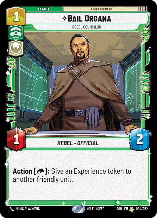 A trading card featuring an illustration of Bail Organa standing with arms slightly spread. He is wearing a brown outfit with a smock. As a Rebel Councilor, the card shows he has a cost of 1, power of 1, and health of 2. With "Rebel" and "Official" abilities, it grants an experience token to another friendly unit. This product is Bail Organa - Rebel Councilor (094/252) [Spark of Rebellion] by Fantasy Flight Games.