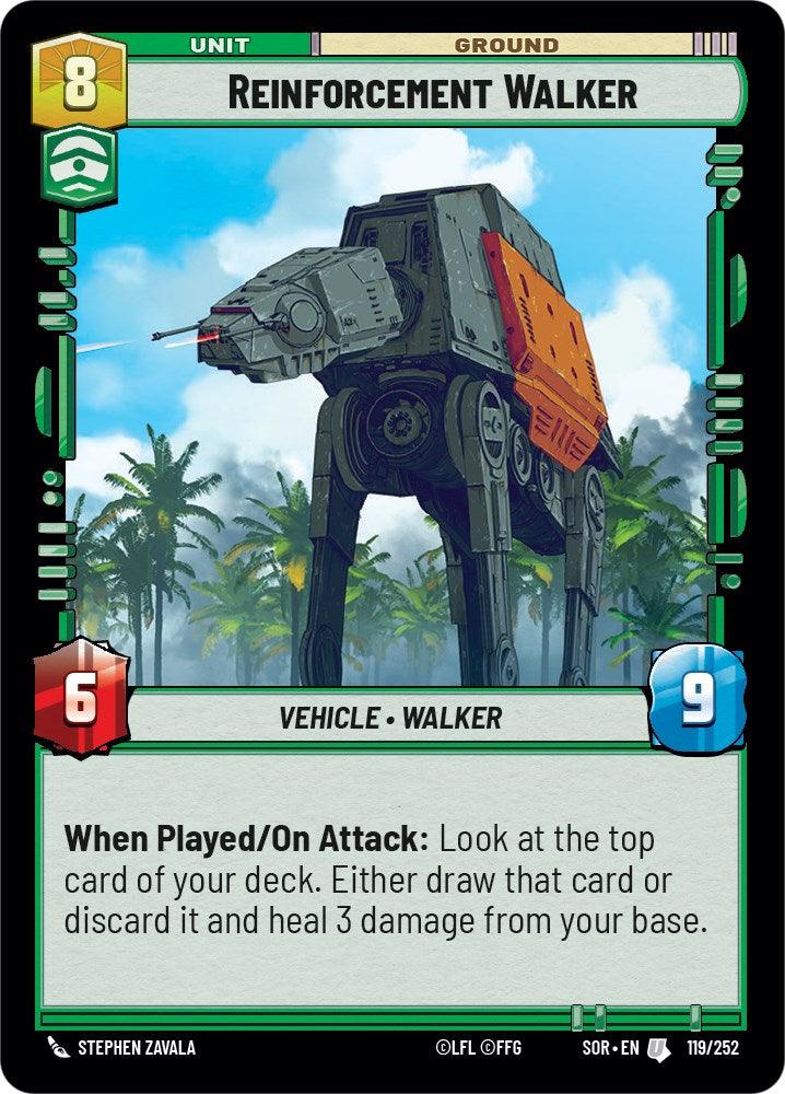 In the card game "Spark of Rebellion" by Fantasy Flight Games, the "Reinforcement Walker (119/252)" playing card showcases an armored vehicle with long legs in a jungle setting. With a cost of 8, power of 6, and health of 9, its special ability reads: "When Played/On Attack: Look at the top card of your deck. Either draw it or discard it to heal 3 damage from your base.