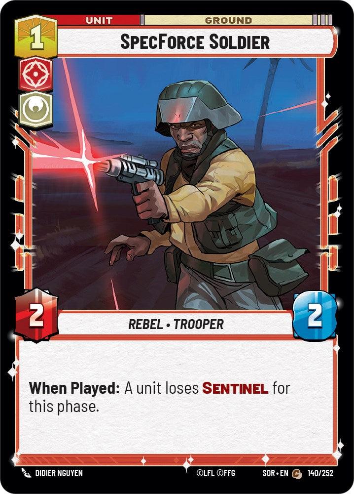 A trading card for the game Star Wars: Destiny by Fantasy Flight Games depicting a SpecForce Soldier (140/252) [Spark of Rebellion] in a combat stance, aiming a blaster. It has a cost of 1 and stats of 2 attack and 2 defense. Text reads: 