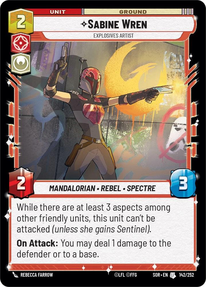 A "Sabine Wren - Explosives Artist (142/252) [Spark of Rebellion]" game card from Fantasy Flight Games featuring Sabine Wren, an Explosives Artist with a Spark of Rebellion. The card displays an illustrated figure in Mandalorian armor, dual-wielding blasters. It includes various stats and abilities, such as 2 attack, 3 defense, and a special on-attack effect.