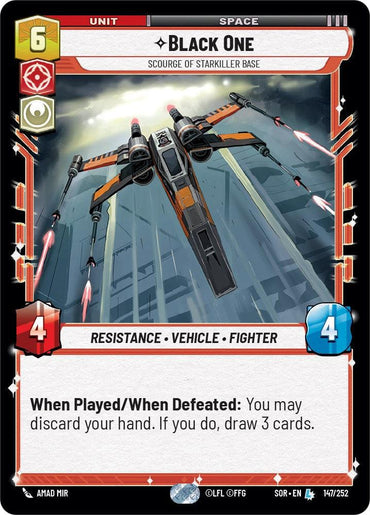 The legendary game card, "Black One - Scourge of Starkiller Base," from the Spark of Rebellion set (147/252) by Fantasy Flight Games, features a Resistance Vehicle Fighter unit with a cost of 6. It boasts 4 attack and 4 defense. The card's ability states: "When Played/When Defeated: You may discard your hand. If you do, draw 3 cards." The stunning artwork is by Amad Mir.