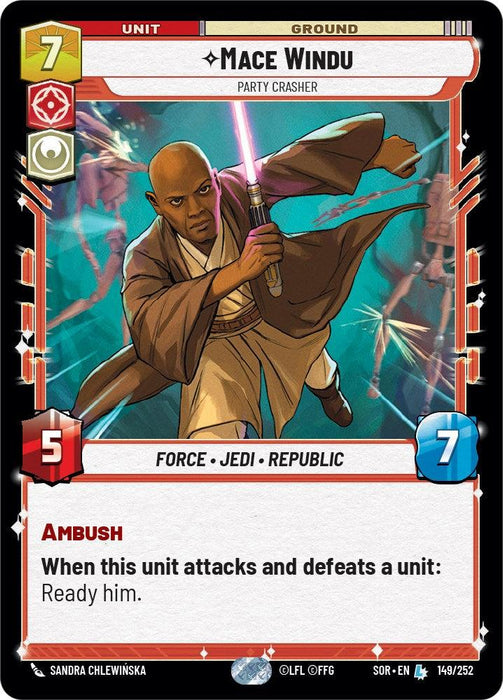 A digital card from the Fantasy Flight Games product "Mace Windu - Party Crasher (149/252) [Spark of Rebellion]" depicts the legendary Mace Windu. In the image, he has a bald head, brown robe, and wields a purple lightsaber. The card displays stats: 7 cost, 5 attack, and 7 health. Text: "When this unit attacks and defeats a unit: Ready him." Symbols and icons border the card.