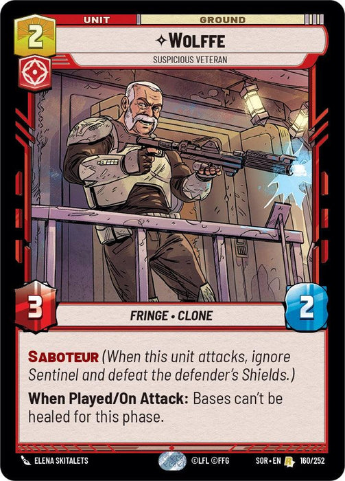 A rare card from Spark of Rebellion depicts Wolffe - Suspicious Veteran (160/252) [Spark of Rebellion], a clone soldier in armor holding a rifle with a barricade in the background. The card's attributes include 2 cost, 3 attack, and 2 health. Classified as Fringe Clone, its special features are Saboteur and effects preventing base healing during this phase. This card is part of the Fantasy Flight Games collection.