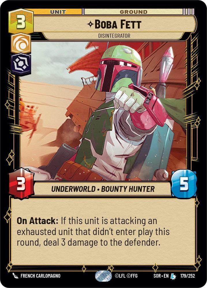 The legendary card "Boba Fett - Disintegrator (179/252) [Spark of Rebellion]" from Fantasy Flight Games features the iconic armored figure in green, red, and beige gear aiming a weapon. This card has a cost of 3 (top left), with 3 attack and 5 defense values (bottom corners). The ability text describes dealing damage to an exhausted unit. At the bottom, it notes affiliations with "Underworld" and "Bounty Hunter.